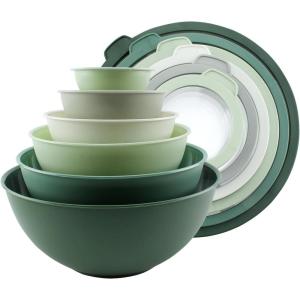 COOK WITH COLOR Mixing Bowls with TPR Lids – 12 Piece Plastic Nesting Set includes 6 Prep and Lids, Microwave Safe Bowl (Black Ombre)(Sage Tritan Lid)