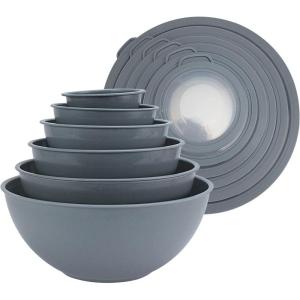 COOK WITH COLOR Mixing Bowls with TPR Lids – 12 Piece Plastic Nesting Set includes 6 Prep and Lids, Microwave Safe Bowl (Black Ombre)(Speckled Charcoal TPR Lids)
