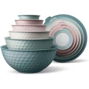 COOK WITH COLOR Mixing Bowls with TPR Lids – 12 Piece Plastic Nesting Set includes 6 Prep and Lids, Microwave Safe Bowl (Black Ombre)(Teal Embossed)