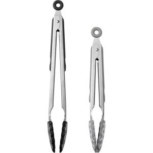 COOK WITH COLOR Stainless Steel Silicone Tipped Kitchen & BBQ Tongs Set, 3 Pc Utensils, Blue(Black and White Collection)