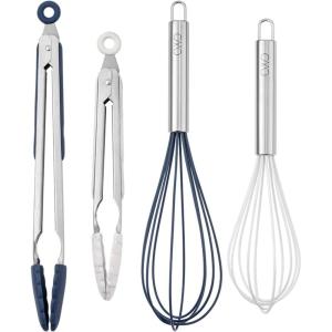 COOK WITH COLOR Stainless Steel Silicone Tipped Kitchen & BBQ Tongs Set, 3 Pc Utensils, Blue(Blue/White)