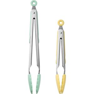 COOK WITH COLOR Stainless Steel Silicone Tipped Kitchen & BBQ Tongs Set, 3 Pc Utensils, Blue(Lemon Collection)