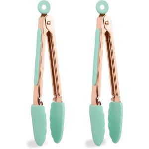 COOK WITH COLOR Stainless Steel Silicone Tipped Kitchen & BBQ Tongs Set, 3 Pc Utensils, Blue(Mint)