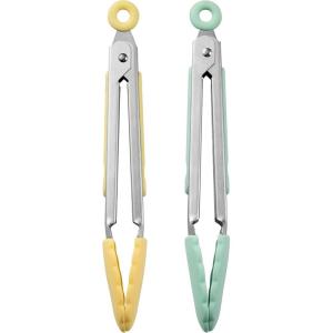 COOK WITH COLOR Stainless Steel Silicone Tipped Kitchen & BBQ Tongs Set, 3 Pc Utensils, Blue(Mint and Yellow)