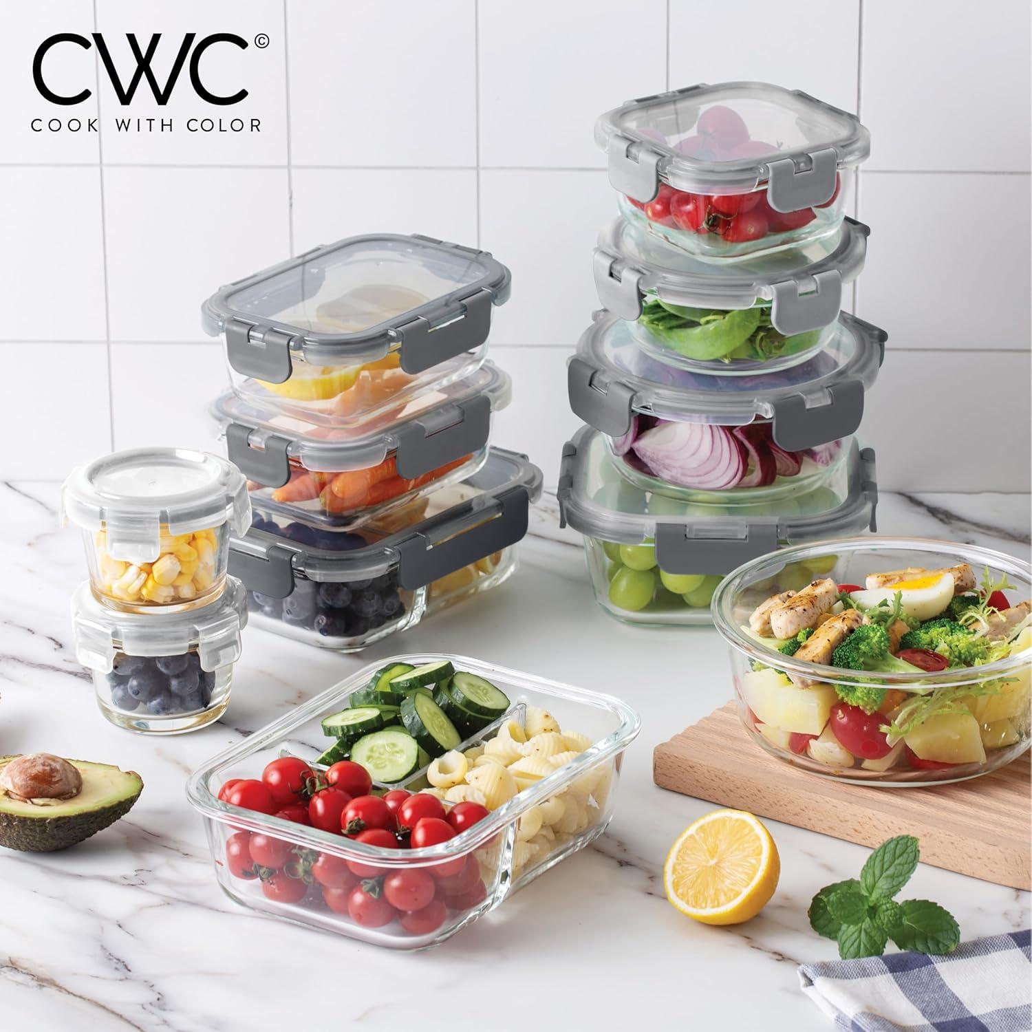 image:imageCOOK WITH COLOR Premium 32Pc Borosilicate Glass Food Container Set with Dividers 4 Rectangles 8 Rounds 4 Squares Leakproof Lids Meal Prep Storage GreyGrey