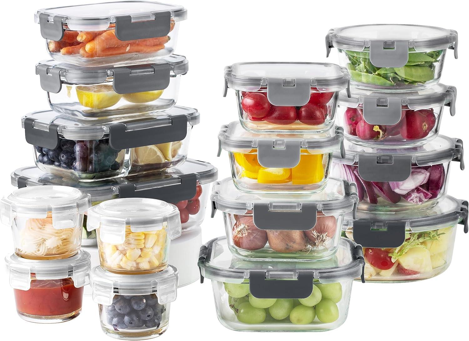 image:imageCOOK WITH COLOR Premium 32Pc Borosilicate Glass Food Container Set with Dividers 4 Rectangles 8 Rounds 4 Squares Leakproof Lids Meal Prep Storage GreyGrey