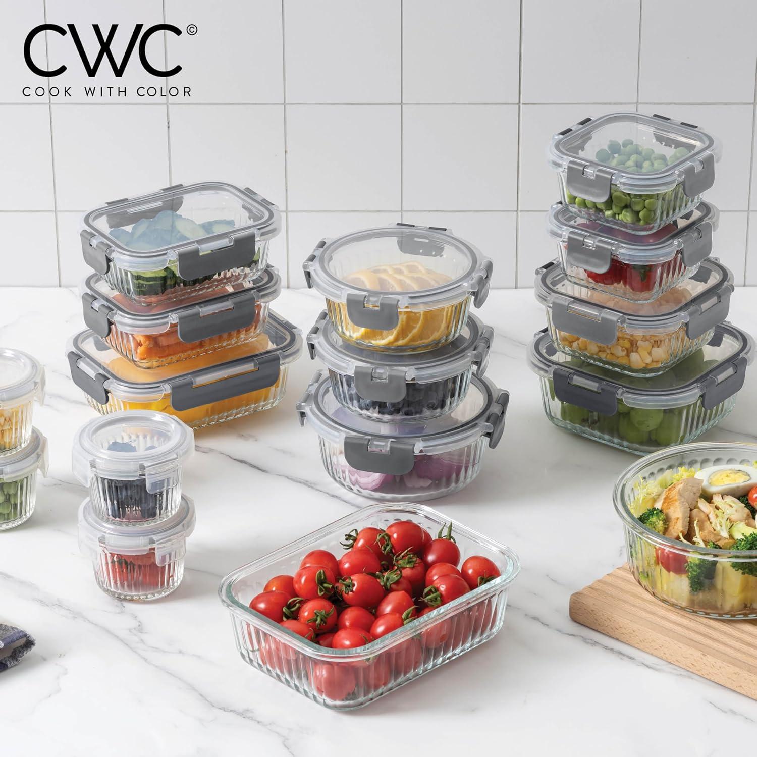 image:imageCOOK WITH COLOR Premium 32Pc Borosilicate Glass Food Container Set with Dividers 4 Rectangles 8 Rounds 4 Squares Leakproof Lids Meal Prep Storage GreyFluted Ombre Grey