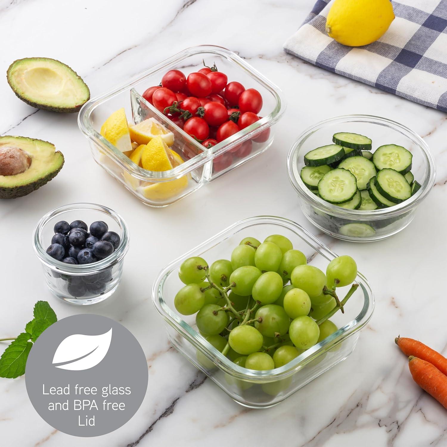 image:imageCOOK WITH COLOR Premium 32Pc Borosilicate Glass Food Container Set with Dividers 4 Rectangles 8 Rounds 4 Squares Leakproof Lids Meal Prep Storage GreyGrey