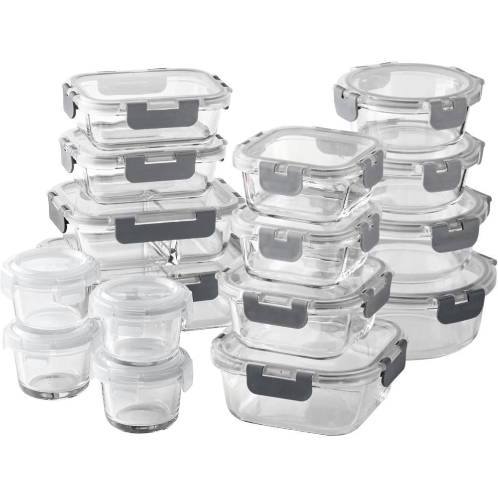 image:imageCOOK WITH COLOR Premium 32Pc Borosilicate Glass Food Container Set with Dividers 4 Rectangles 8 Rounds 4 Squares Leakproof Lids Meal Prep Storage GreyGrey