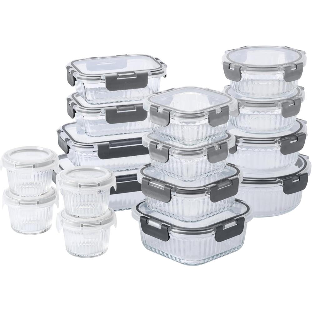 image:imageCOOK WITH COLOR Premium 32Pc Borosilicate Glass Food Container Set with Dividers  4 Rectangles 8 Rounds 4 Squares  Leakproof Lids  Meal Prep Storage GreyFluted Ombre Grey