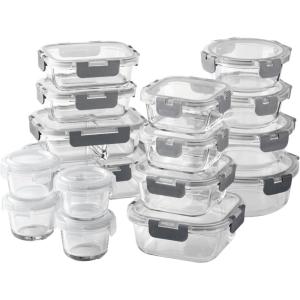 COOK WITH COLOR Premium 32-Pc. Borosilicate Glass Food Container Set with Dividers – 4 Rectangles, 8 Rounds, 4 Squares – Leakproof Lids – Meal Prep, Storage, Grey(Grey)