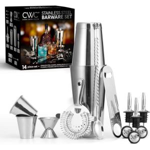 COOK WITH COLOR 14 PC Bartender Kit – Stainless Steel Barware Set, Ideal for Home or Party – Includes Shaker, Jigger, Spoon, Muddler, Pourers, Shot Glasses, Strainer and Bottle Opener