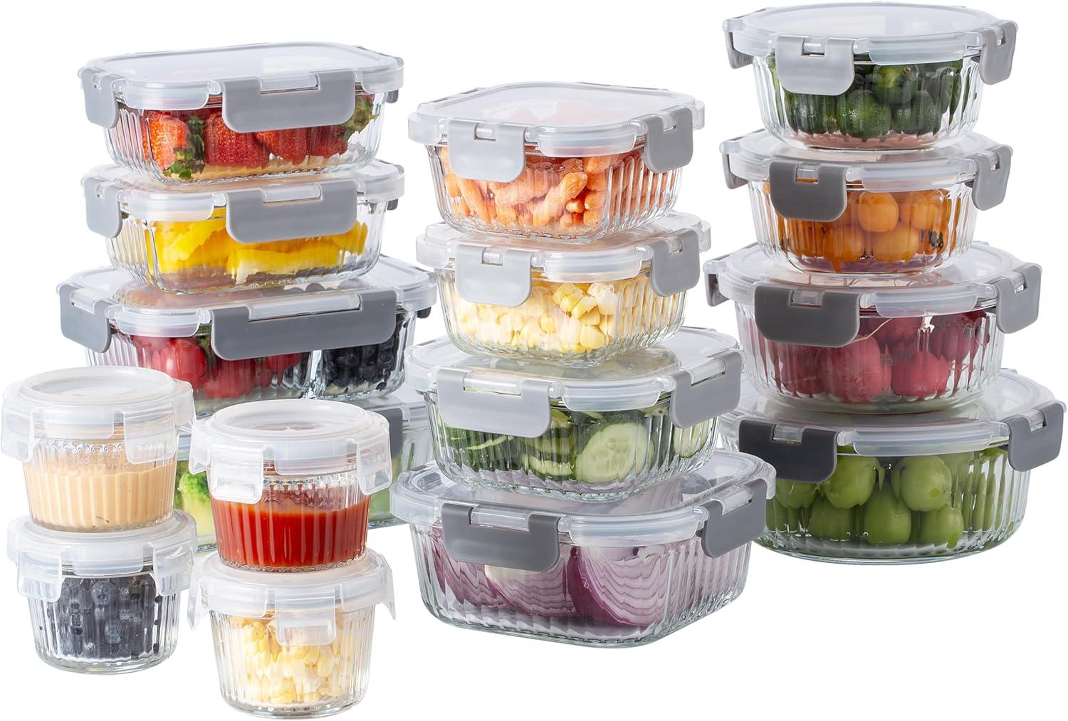image:imageCOOK WITH COLOR Premium 32Pc Borosilicate Glass Food Container Set with Dividers 4 Rectangles 8 Rounds 4 Squares Leakproof Lids Meal Prep Storage BlueFluted Ombre Grey