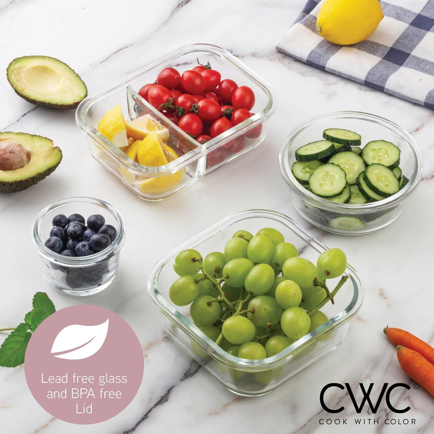 image:imageCOOK WITH COLOR Premium 32Pc Borosilicate Glass Food Container Set with Dividers 4 Rectangles 8 Rounds 4 Squares Leakproof Lids Meal Prep Storage BluePink