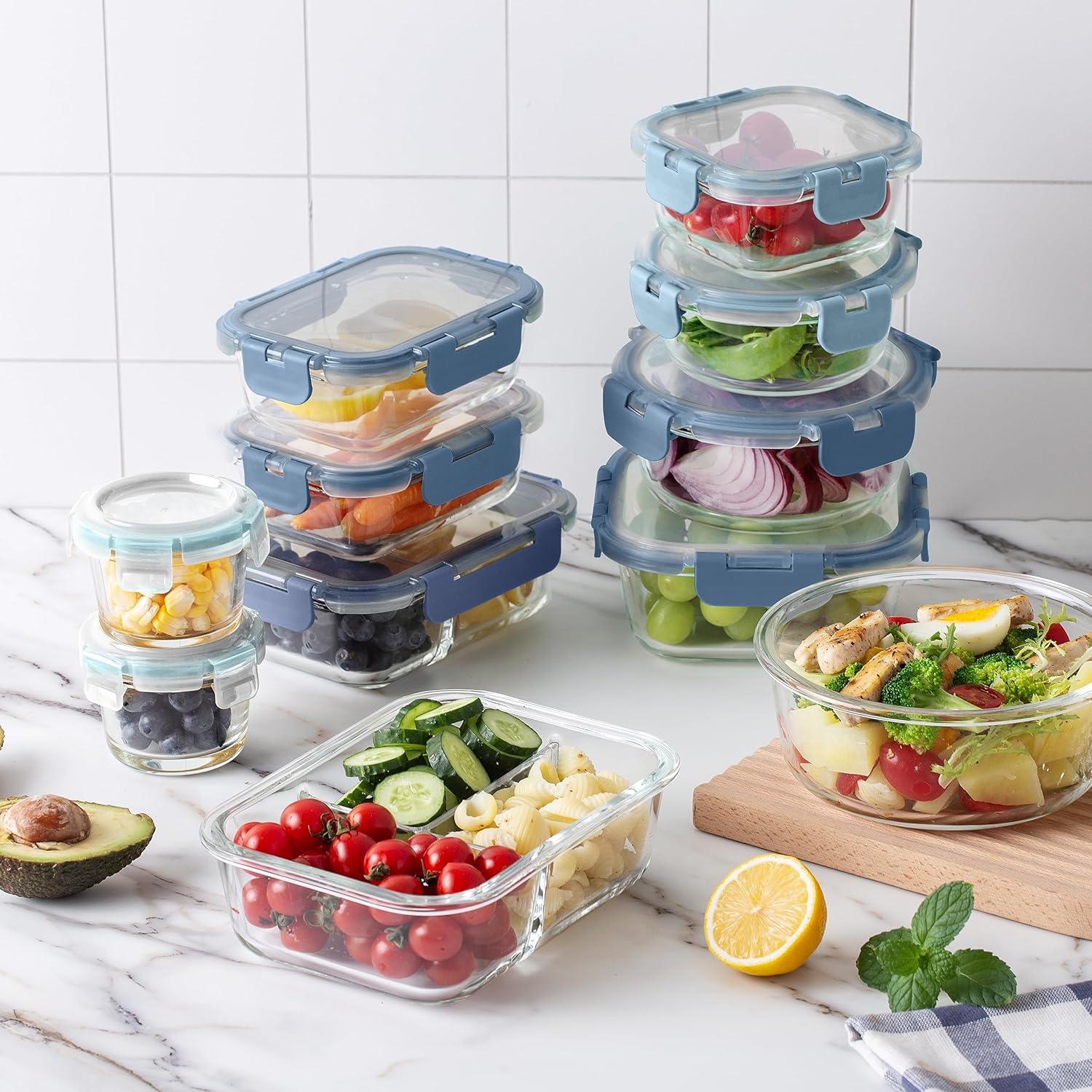 image:imageCOOK WITH COLOR Premium 32Pc Borosilicate Glass Food Container Set with Dividers 4 Rectangles 8 Rounds 4 Squares Leakproof Lids Meal Prep Storage BlueBlue