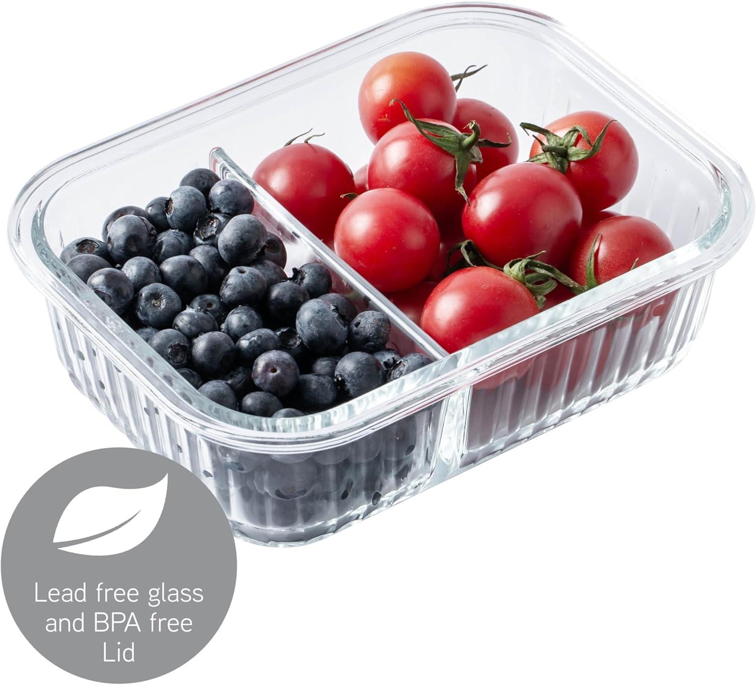 image:imageCOOK WITH COLOR Premium 32Pc Borosilicate Glass Food Container Set with Dividers 4 Rectangles 8 Rounds 4 Squares Leakproof Lids Meal Prep Storage BlueFluted Ombre Grey