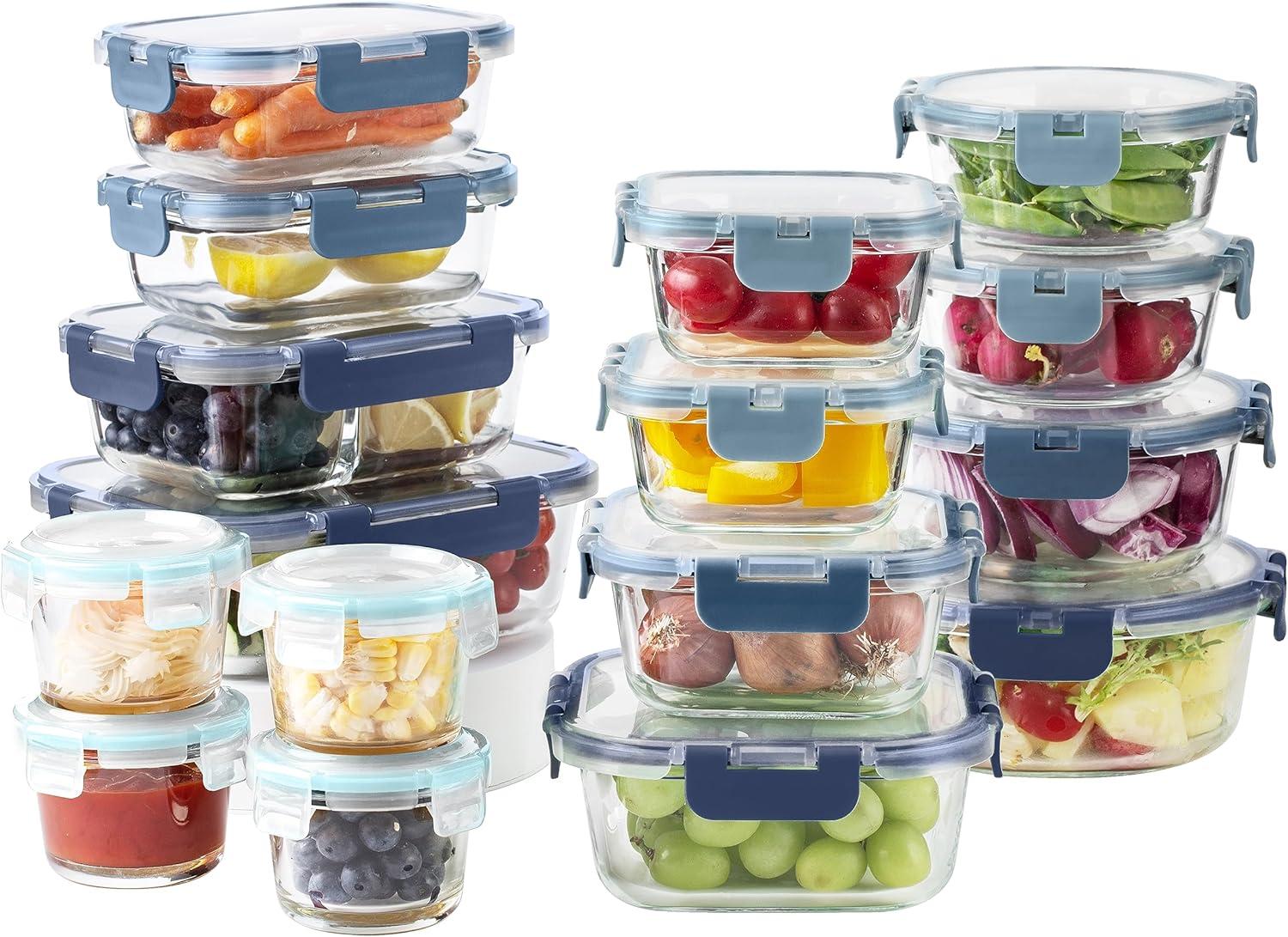 image:imageCOOK WITH COLOR Premium 32Pc Borosilicate Glass Food Container Set with Dividers 4 Rectangles 8 Rounds 4 Squares Leakproof Lids Meal Prep Storage BlueBlue