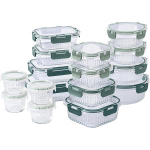 COOK WITH COLOR Premium 32-Pc. Borosilicate Glass Food Container Set with Dividers – 4 Rectangles, 8 Rounds, 4 Squares – Leakproof Lids – Meal Prep, Storage, Blue(Fluted Ombre Green)