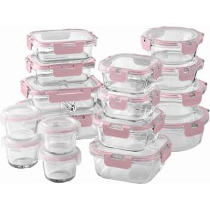 COOK WITH COLOR Premium 32-Pc. Borosilicate Glass Food Container Set with Dividers – 4 Rectangles, 8 Rounds, 4 Squares – Leakproof Lids – Meal Prep, Storage, Blue(Pink)