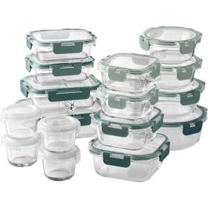 COOK WITH COLOR Premium 32-Pc. Borosilicate Glass Food Container Set with Dividers – 4 Rectangles, 8 Rounds, 4 Squares – Leakproof Lids – Meal Prep, Storage, Blue(Ombre Green)