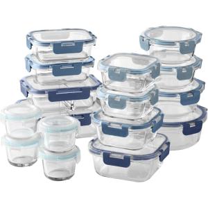 COOK WITH COLOR Premium 32-Pc. Borosilicate Glass Food Container Set with Dividers – 4 Rectangles, 8 Rounds, 4 Squares – Leakproof Lids – Meal Prep, Storage, Blue(Blue)