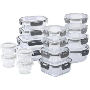 COOK WITH COLOR Premium 32-Pc. Borosilicate Glass Food Container Set with Dividers – 4 Rectangles, 8 Rounds, 4 Squares – Leakproof Lids – Meal Prep, Storage, Blue(Fluted Ombre Grey)